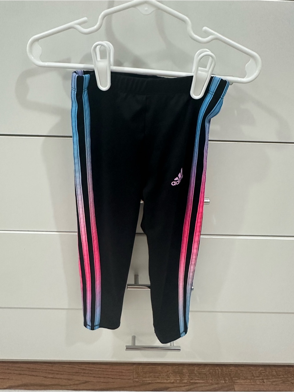 adidas Girls Black Leggings with Pink and Blue Gradient Side Stripes Size 5